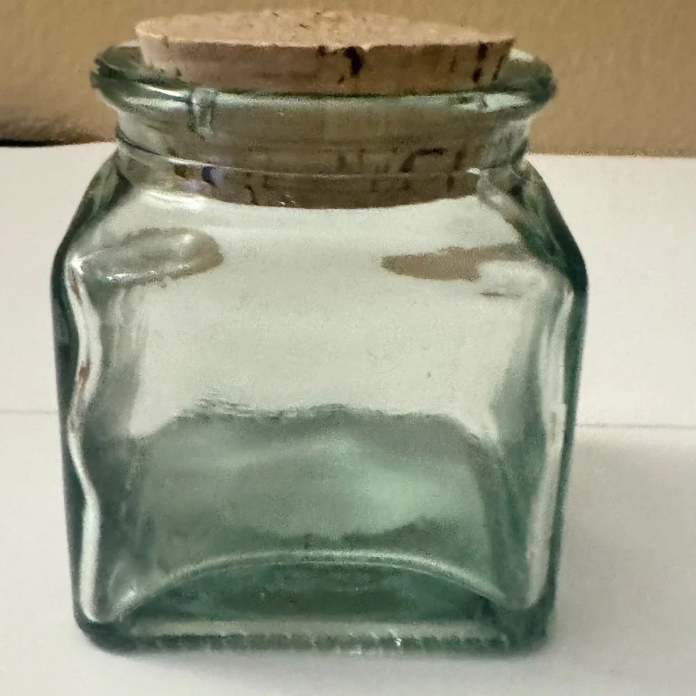 Vintage Green Glass Apothecary Jar w/Cork Lid Pink Cherry Blossom 4.5